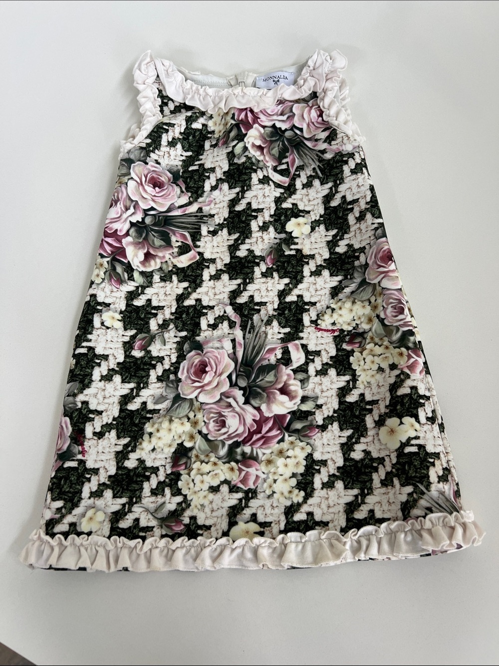 MONNALISA sleeveless floral houndstooth tweed effect print dress ruffled trim 2